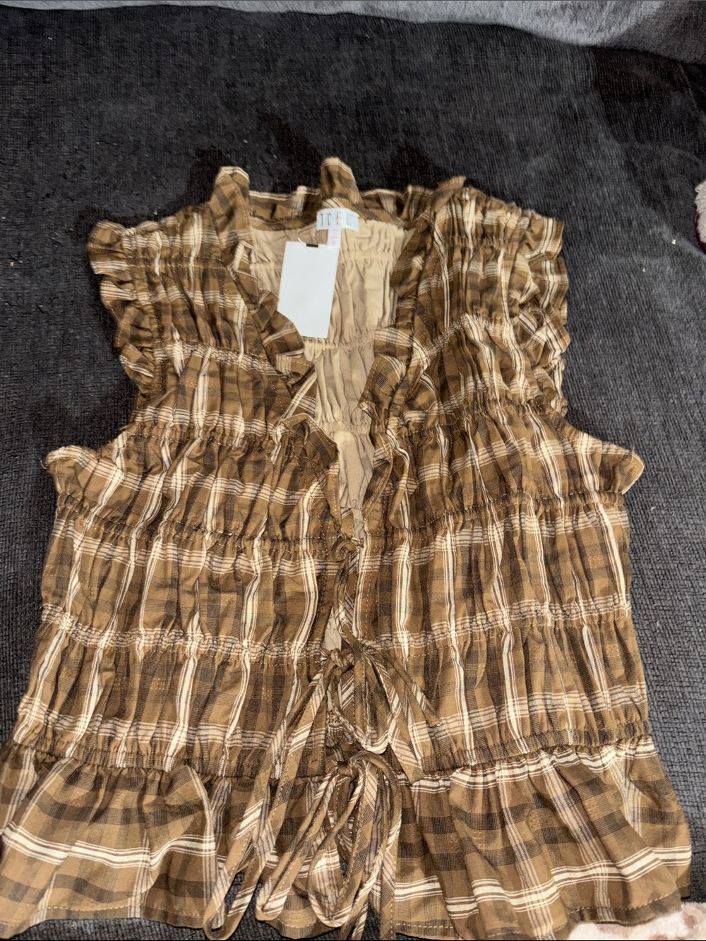 TCEC Brown Plaid Ruffle Tie-Front Blouse